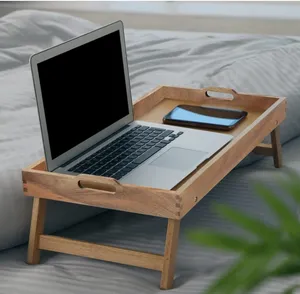 Bandeja de mesa de cama plegable de madera de acacia extra grande para comer, desayuno en la cama, escritorio para computadora portátil y servicio de refrigerios