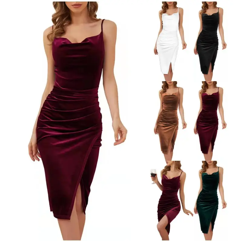 Elegante geschlitzte burgunder Brautjungfer Samt Slip Kleid Fest Abend Party Kleid