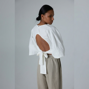 <b>Women</b>’s Linen Crop Blouse with Open Back and Long Balloon Sleeves - Product Image 1
