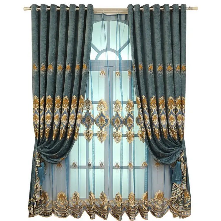 Hot Selling European Style Luxury Curtains for Living Dining Room Bedroom Blue Chenille Embroidered Curtains