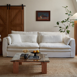Wabi-Sabi Cream Linen Hug Arm Straight Sofa Detachable Washable Cotton Linen Couch for Small Living Room Home Decor - Product Image 1