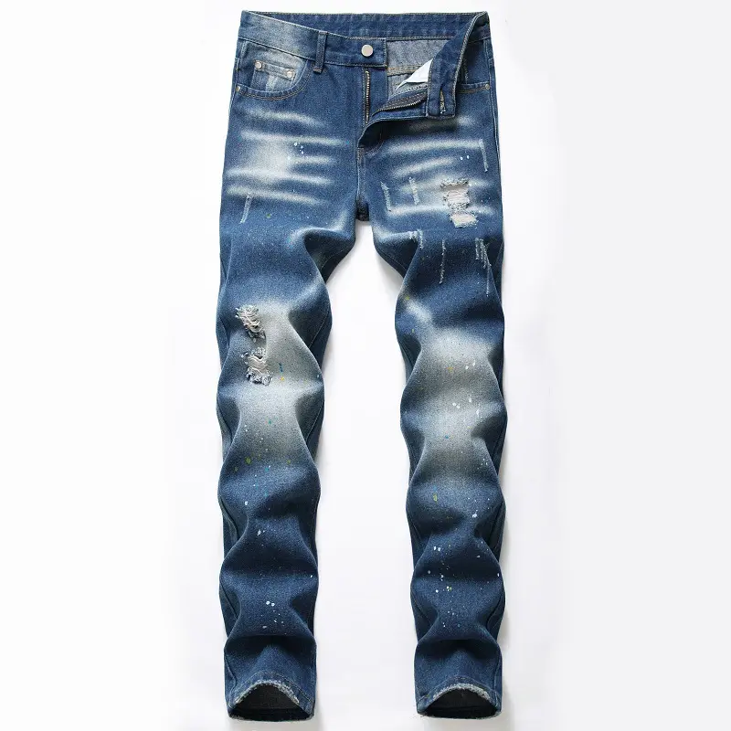 Men's Denim Jeans Pants Ripped Slim Stretch Hole Jeans For Men Custom Logo Long Pants