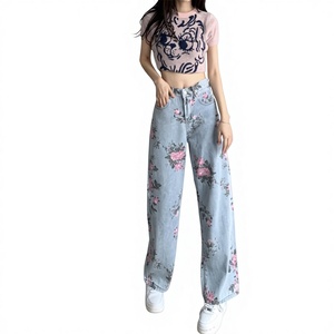 <span class=keywords><strong>Pantaloni</strong></span> in Denim con Stampa di Rose per Ragazze, Stile Dolce e Piccante, Vintage a Vita Alta e Gamba Larga, Lunghezza al Pavimento - Product Image 1
