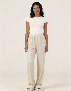 Pantalon droit taille haute élastique à sequins pour femme avec doublure douce, coupe décontractée et confortable - Product Image 5