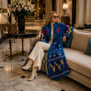 Veste de luxe en velours bleu style bohème, avec broderies colorées d'oiseaux et de fleurs, manteau long en velours brodé à la main style Suzani - Product Image 1