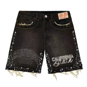 Pantaloncini in denim retrò da <span class=keywords><strong>uomo</strong></span> personalizzati in stile antico, in flanella 100% cotone, <span class=keywords><strong>abbigliamento</strong></span> streetwear con strass, alta qualità, estivi, tinta unita - Product Image 5