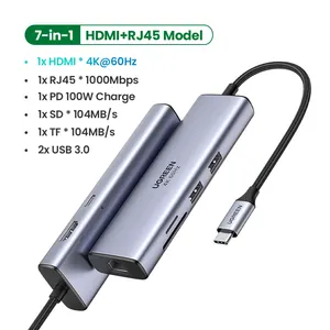 الصانع جميع في واحد UGREEN USB C محور 4K 60Hz نوع C RJ45 USB 3.0 PD 100W محول للحاسوب النقال الهواء برو باد برو M1 PC