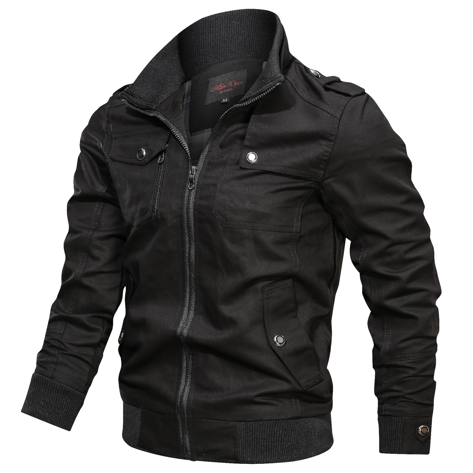 Autumn and Winter Men Casual Solid Color Jacket Pocket Stand