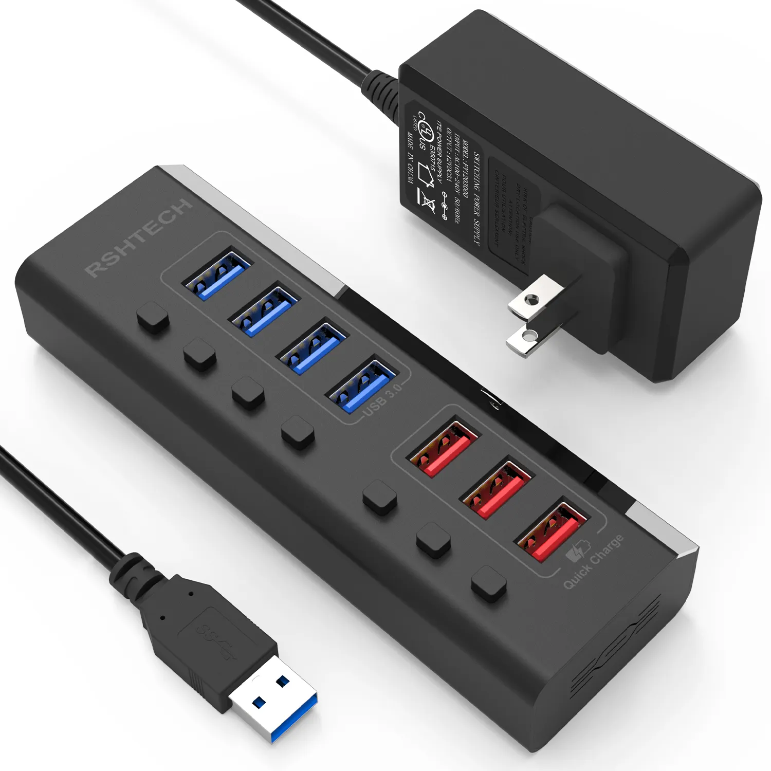 RSHTECH ABS Plastic 7 Port USB 3.0 Hub with 3 QC 3.0 Quick Charge DC 12V/3A Power Supply Hub USB 5Gbps USB Splitter for Macbook