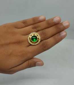 Opulent Round Green <b>Crystal</b> <b>Ring</b> Gold Plated Floral Scalloped Halo Cubic Zirconia Statement Ethnic Fashion Jewelry <b>Ring</b> - Product Image 3