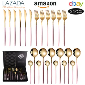 Preço preferencial Talheres Faca Colher Garfo Luxo 2024 Casamento Ouro Prata Moirrored 24pcs Talheres Português Talheres Set