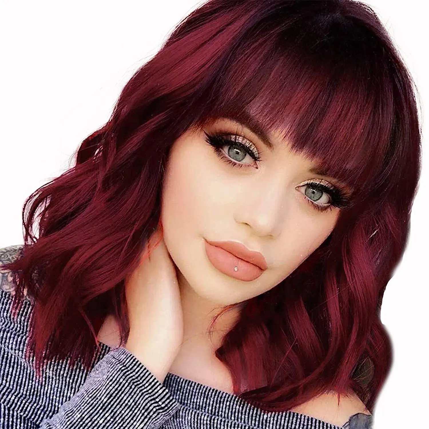 Bob Curly Wig Synthetic Short Wine Red Wigs with Bangs Cosplay Heat Resistant Fiber Natural Looking Wig