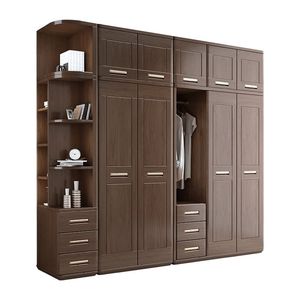 Armoire de style shaker américain en noyer avec poignées dorées, étagères ouvertes, tiroirs, montage facile, taille personnalisée, armoire de rangement pour chambre à coucher - Product Image 1