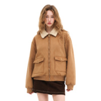 Blouson Bomber en Daim pour Femme Boying, Col en Sherpa Camel, Fermeture Éclair, Court, Décontracté, Chaud pour l'Hiver, Vente en Gros OEM ODM