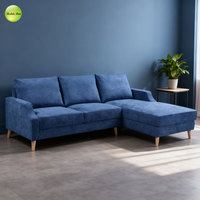 Sofá Moderno de Tela Suave Azul Marino de 3 Plazas en Forma de L con Chaise Longue y Patas de Madera Maciza para Sala de Estar/Apartamento/Hotel/Oficina