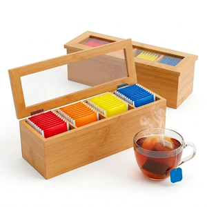 Organisateur de sachets de thé en bambou rectangulaire à 4 compartiments avec finition laquée et logo gravé au laser, couvercle en acrylique transparent - Product Image 1