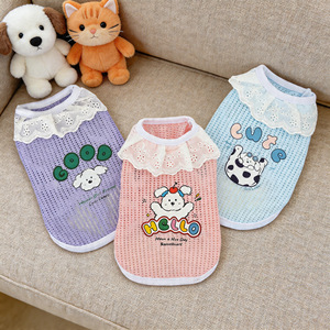 Chaleco de malla con estampado de animales para mascotas, ropa transpirable de verano para gatos y perros con ribete de encaje, color morado, rosa, azul cielo - Product Image 4