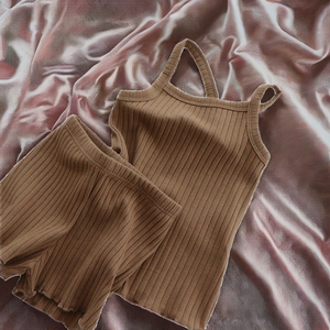 Set Pigiama Estivo per Bambine in Cotone Pettinato con Spalline a Costine, Traspirante, di Buona Qualità, Stile Casual, Tinta Unita - Product Image 2