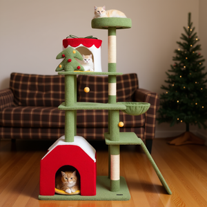 Arbre à chat de Noël vert de 61 pouces avec 2 niches et poteaux à gratter en sisal pour chats, jouet d'intérieur pour animaux de compagnie pour les fêtes - Product Image 2