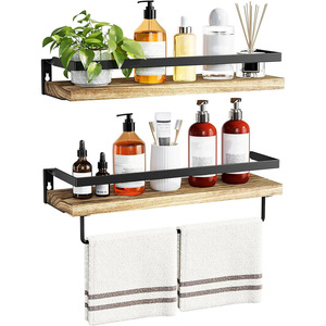 Bathroom Shelf Wall Mounted Double Layer Wood And Metal Storage Rack With Towel Bar For Bathroom And Kitchen - Product Image 5
