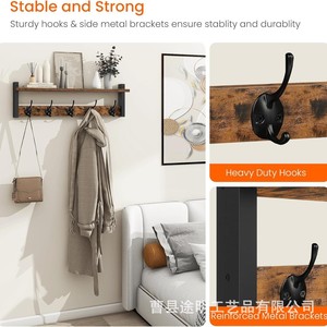 <b>Wall</b> <b>Mounted</b> Ironwood <b>Shelf</b> With Hooks Burnt Color Rectangle Multipurpose Durable Storage Rack For Bathroom Entryway - Product Image 3