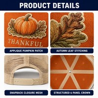 Casquette Trucker Vintage Sportive 5 Panneaux Personnalisée Thanksgiving avec Broderie Patch Citrouille Automne, Dos en Maille, 100% Coton, Motif GIVE THANKS