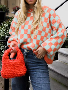 <span class=keywords><strong>Pull</strong></span> en tricot à carreaux pour <span class=keywords><strong>femme</strong></span>, col rond oversize, <span class=keywords><strong>pull</strong></span> moelleux décontracté pour tous les jours, tricoté à la machine, accepte la personnalisation - Product Image 3