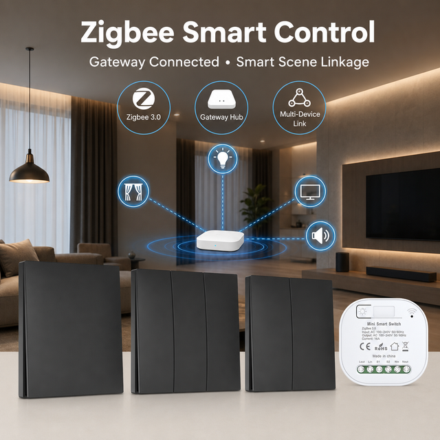 Intellect Self-Powered Durable Waterproof Double Pole Zigbee Wireless Wall Switch Panel PC Material 100m Range IP44