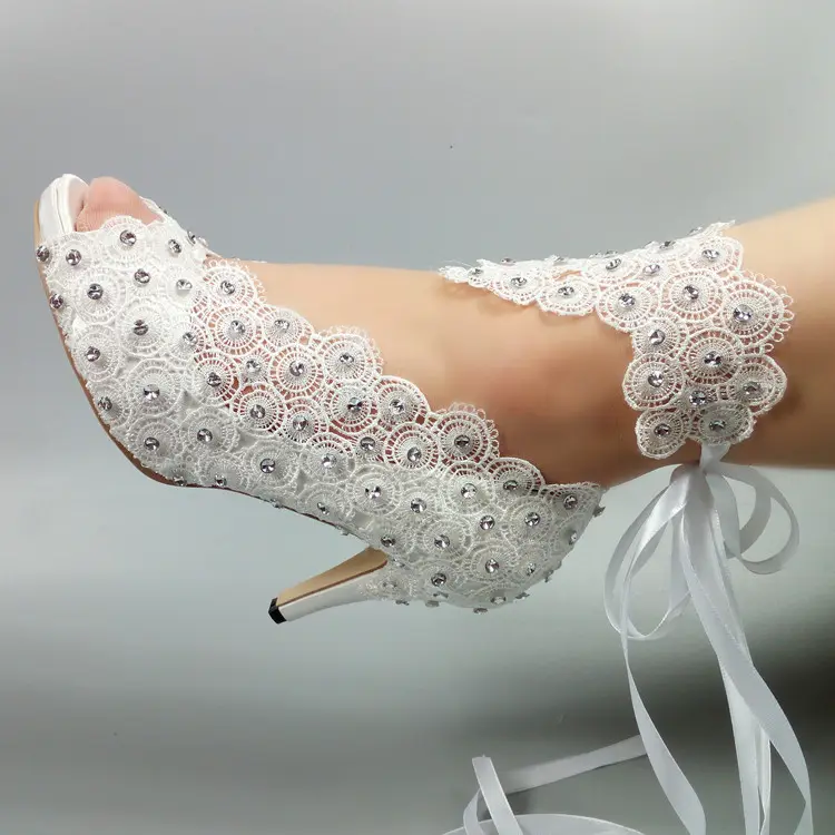 2021 Shiny Stone Pearl Lace Decorate Bride Wedding shoes Open toe high heels Pumps ankle strap Wedding shoes