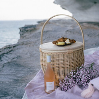 Panier de plage rond et ovale en osier de bambou, 1 pièce, ensemble de panier cadeau, refroidisseur isolé avec couvercle en bois, pour enfant