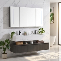 Meuble-lavabo de salle de bain moderne en bois massif résistant à l'eau, style ferme, avec égouttoir en acier inoxydable et miroir LED, pour usage hôtelier