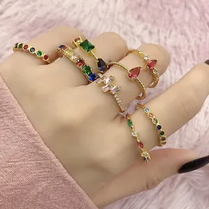 Accept Custom Blue Green Pink Colorful Vintage Finger Rings Fine Jewelry 3A Cubic Zirconia 18K Rings Women Accessories Gift
