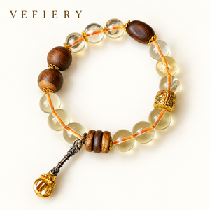 Pulsera de Cuarzo Amarillo y Cuentas de Madera con Cuentas Transparentes y Colgante de Gota - Product Image 1