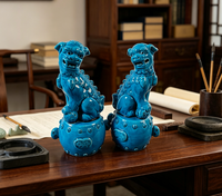 Paire de chiens Foo en céramique, glaçure bleue chinoise, décoration de maison, ornement en porcelaine
