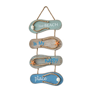 Mediterranean Wooden <b>Wall</b> Sign 4Pcs Slippers Shape Home Decoration Distressed Design With Rope And Shell <b>Decor</b> - Product Image 4