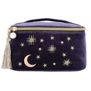 Échantillon gratuit : Grande trousse de maquillage carrée en velours bleu marine avec appliques brodées Lune Étoiles Soleil, sac de rangement pour esthéticienne, pochette - Product Image 5