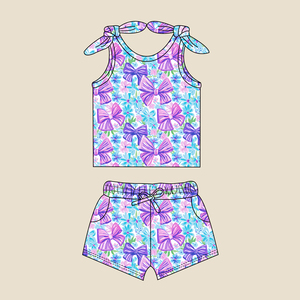 Conjunto de 2 Piezas de Bambú para Niñas, Top <span class=keywords><strong>sin</strong></span> Mangas con Estampado Floral y Lazos en los Hombros y Pantalones Cortos, <span class=keywords><strong>Ropa</strong></span> Casual de Verano para Niños, Estilo Traje de Baño - Product Image 3