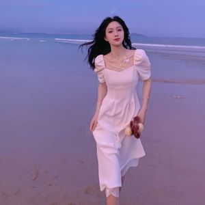 French Style Square Neck White Dress Women 2025 Summer Puff Sleeve Mid Length Elegant Beachwear - Product Image 1