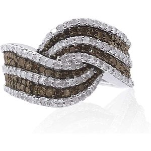 Anillo de Ondas con Diamantes Naturales Blancos y Marrones de Corte Redondo, 1.25 Cttw, en Plata de Ley 925, Color G H, Anillo Moderno para Mujer - Product Image 2