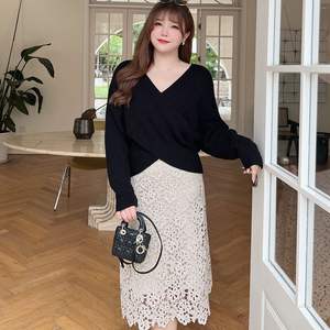 Falda Midi Reversible de Punto con Encaje Runqi, Cintura Natural, Microelasticidad, Color Albaricoque, Falda para Mujer N8493 - Product Image 3