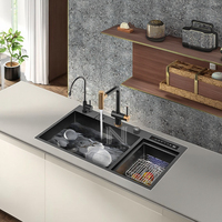 Ensemble d'évier de cuisine moderne de luxe en acier inoxydable de haute technologie avec affichage de la température intelligent et robinet à deux trous