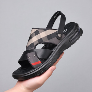 New <b>Summer</b> Men Genuine Leather Sandals Plaid Design Air Cushion Thick Sole Non Slip Wear Resistant Outdoor Beach Casual Shoes - Product Image 2