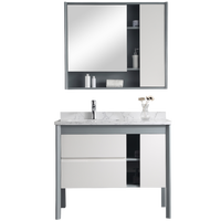 Meuble-lavabo moderne blanc en bois massif avec vasque en céramique, portes en contreplaqué, finition laquée, armoire miroir sur pied