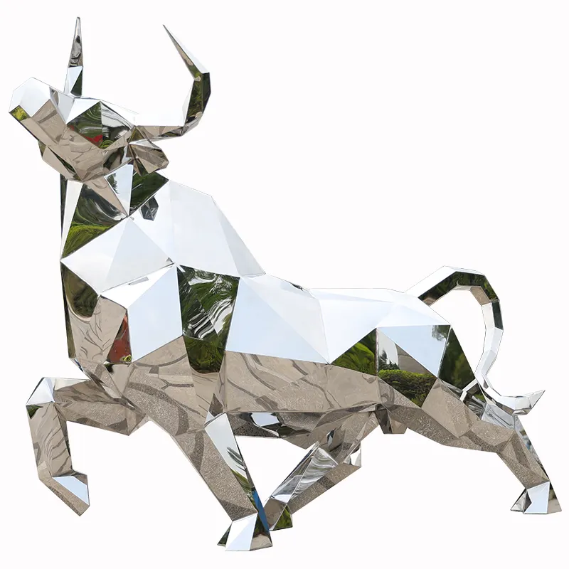 Silver Bull Sculpture Modern Art Metal Abstract Mirror Polished Geometric Bulls Stainless Steel Sculpture Large For Garden