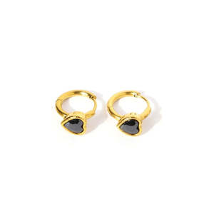 <b>Crystal</b> <b>Earrings</b> 316L Stainless Steel PVD Gold Plating Heart Shape Black Stone Huggie Hoop <b>Studs</b> For Women Jewelry - Product Image 1
