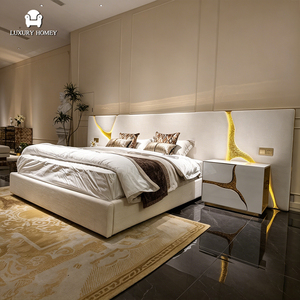<span class=keywords><strong>Cama</strong></span> de Lujo de Fábrica Foshan con Cabecera Ancha Dorada y Mesitas de Noche a Juego para Dormitorio de Villa, Juego de Muebles de Dormitorio Tamaño King - Product Image 3