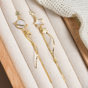 Pendientes Asimétricos de Estrella y Luna con Borlas, Plata S925, Estilo Coreano para Mujer, Joyería de Moda para Fiestas y Uso Diario - Product Image 6