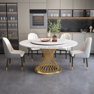 Ensemble de tables à manger rondes contemporaines avec plateau en dalle de roche, base en cage métallique dorée, 6 chaises rembourrées, meubles pour la maison, le restaurant, la villa - Product Image 4