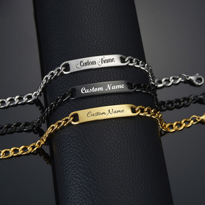Custom logo Text Hypoallergenic Blank Engraved Cuban Chain Stainless Steel Curved <strong>Hand</strong> Bands and <strong>Bracelets</strong> Bangle for Men Women - Product Image 1