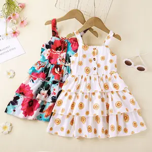 Summer Baby Girl One Piece Flower Printing Princess Clothes Children Pink Birthday Party Kids Boutique Dresses